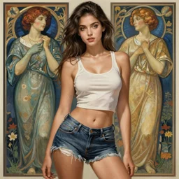 sexy girl, shorts, tanktop, seductive pose. highly detailed, digital painting, artstation, concept art, smooth, sharp focus, illustration, art by artgerm and alphonse mucha, high definition digital art, in the style of Ross tran and ilya kuvshinov