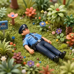 tiny realistic detailed police officer lying down in the middle of a stunning intriguing dense 3 d scene, composed of tiny colorful details and plants, hyperdetailed, art photography masterpiece, photoshop, microworld, deep focus, striking