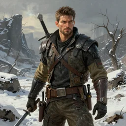 A comic book style portrait painting of a male survivalist warrior in a a post apocalyptic winter landscape, unreal 5, DAZ, hyperrealistic, octane render, RPG portrait, ambient light, dynamic lighting