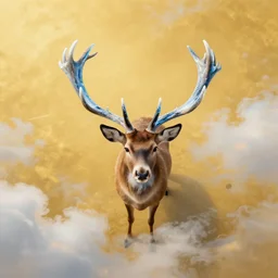 post - minimalism portrait of ; surreal ; hyperrealistic bird's eye view, very realistic deer with blue - ice - glass - antlers, iridescent clouds, vibrant golden color scheme, highly detailed, in the style of romanticism, cinematic, artstation, moebius, greg rutkowski