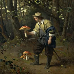an landscape oil painting of a mushroom forager in an ancient woodland by johnannes vermeer