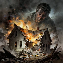 house being destroyed and blown away by tornado, frank frazetta, dramatic lighting, a giant man stans amongst the reble