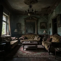inside a living room of an old abandon house with no lights, fantasy art, highly detailed, 8 k, artstation