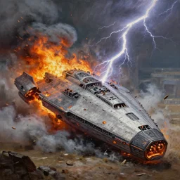 a beautiful battle spaceship sticking in the ground, the spaceship is on fire, smoke, crash, accident, lightning, angry, kinetic, john sargent, adolphe bouguereaum, peter deligdisch, jama jurabaev, sachin teng, sergey kolesov, ruan jia, trending on artstation, highly detailed oil painting,