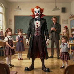 concept art, clown vampire in kindergarten, realistic shaded lighting poster by ilya kuvshinov, magali villeneuve, artgerm, jeremy lipkin and michael garmash and rob rey