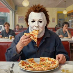 portrait painting of Michael Myers eating pizza in an Italian restaurant, sunny, happy, sharp focus, wide shot, trending on ArtStation, masterpiece, by Greg Rutkowski, by Ross Tran, by Fenghua Zhong, octane, soft render, oil on canvas, colorful, cinematic, environmental concept art