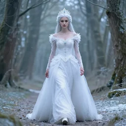 photograph of a real-life beautiful ice queen with ornate white dress walking through an ethereal forest. Extremely detailed. 8k