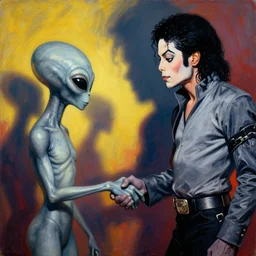 grey alien shaking hands with michael jackson, masterpiece, dramatic light and shadow, saturated colors, ciaroscuro. painted by anders zorn