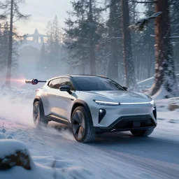 futuristic suv designed by apple with a laser cannons drifting through tundra forest art by greg rutkowski and paul ozzimo, epic fantasy sci - fi volumetric light clear focus detailed unreal engine digital art trending on artstation deviantart octane render,
