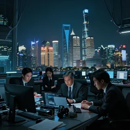 chinese space program general and his assistants at the office with the futuristic shanghai skyline in the background, busy, dark, cyberpunk, moody, ambient lighting, syd mead