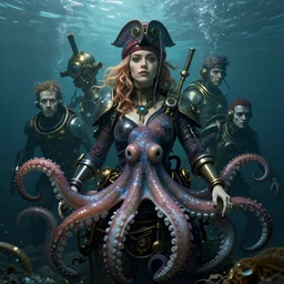 underwater steampunk bioshock pirate portrait of emma stone, octopus, hyper detailed, digital art, trending in artstation, cinematic lighting, studio quality, smooth render, unreal engine 5 rendered, octane rendered, art style by klimt and nixeu and ian sprigger and wlop and krenz cushart.