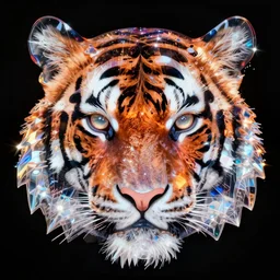 glowing holographic tiger face render, transparent celestial light gels, vibrant acrylic glass crinkled correction gel, colored film face by okuda san miguel, glowing stars, glinting, glittering, cyan, white, ultra realistic, photorealistic, 3 d render, unreal engine, octane render, sharp, studio