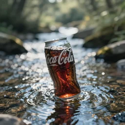 a can of coke that is transparent floating down a river