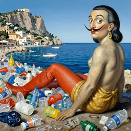 balearic vacations in a sea of plastic, painted by botero and salvador dali, detailed image