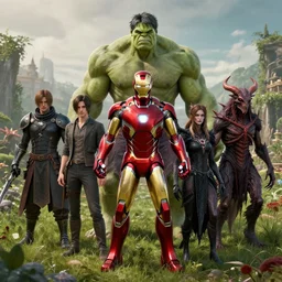 portrait of marvels ( ( ( ( ( ironman ) ) ) ) ) hulk by hr giger, greg rutkowski, luis royo and wayne barlowe as a diablo, resident evil, dark souls, bloodborne monster, elden ring creature : : in a garden, grassy field, large field in the background