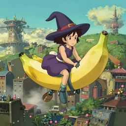 a wholesome animation key shot of a post apocalyptic 8 0's robotic flying banana ridden by a cute witch, covered by urban lanscape by studio ghibli, animation, sharp, rendered in unreal engine 5, focused, anime key art by greg rutkowski, bloom, dramatic lighting