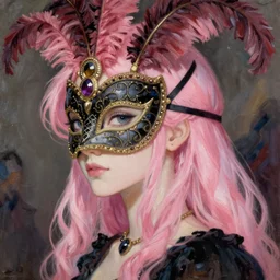 anime vogue masquerade, intricate oil painting by greg rutkowski, trending on artstation, side profile, pink hair