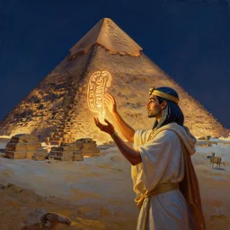 a priest from ancient egypt conjures a magic spell at night next to the great pyramid of giza with glowing hieroglyphic symbols flowing out of her hands and lighting up the pyramid, dramatic lighting, expressive oil painting, artstation