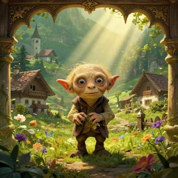 my precious! - gollum / smeagol - the hobbit - j. r. r. tolkien - a medieval village in switzerland, ornate, beautiful, atmosphere, vibe, flowers, concept art illustration, greg rutowski, volumetric lighting, sunbeams, particles