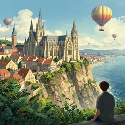 gothic architecture busy city on a cliff by the sea side, nice view, airships, a person watches dense foliage poster art by kim jung giu and weta studio, and lucasfilm and jesper ejsing and norman rockwell greg rutkowski frank frazzeta