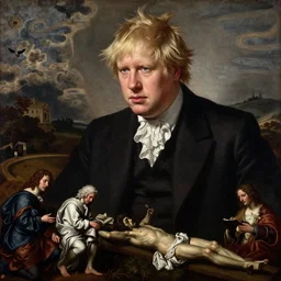 francis bacon painting, figures at the base of a crucifixion, boris johnson