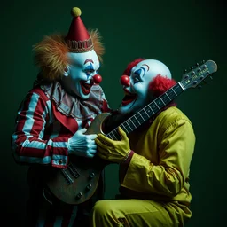 a clown beating another clown with a metal guitair