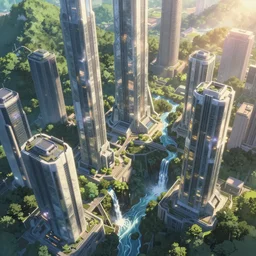 futuristic city with tall shiny marble buildings in an evergreen valley, several waterfalls, landscape, global illumination, morning light, radiant light, bird's eye view, by makoto shinkai and lois van baarle, ilya kuvshinov, rossdraws, tom bagshaw