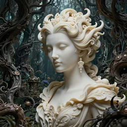 cinestill 5 0 d depht of field fashion of a beautiful woman by liebovitz from a dream in a fantasy garden in a dark twisted forest, intricate details, epic scale, insanely complex, sharp focus, hyperrealism, pale ivory matt, head in focus, sharp focus, caspar friedrich, greg rutowski, james gurney