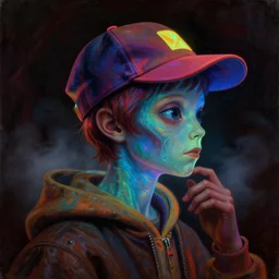 a baroque neoclassicist close - up side profile portrait of a colorful retrofuturistic blacklight uv silhouette of an alien cthulhu boy wearing a baseball hat and a hoodie, glowing fog in the background. renaissance portrait painting. highly detailed science fiction painting by norman rockwell, frank frazetta, and syd mead. rich colors, high contrast, gloomy atmosphere, dark background. trending on artstation