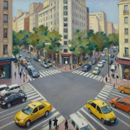 busy intersection in the metropolis, canvas, oil paint, artwork by pablo picasso, detailed