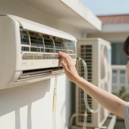 a girl's hand on an air conditioner in a room, outside another air conditioner on the terrace connected by transparent tubes with a liquid inside, depth of field, sunny, ultra realistic, very detailed, 8 k hyper realistic detailed cinematic still by nadav kander