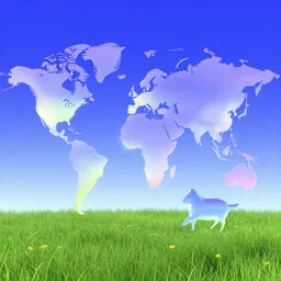 a world with animal - like'shapes flying over a meadow with blue sky. slick, futuristic design. colorful soft gradients, translucence. pre - 2 0 0 0 s era. 9 0's computer art, early computer graphics
