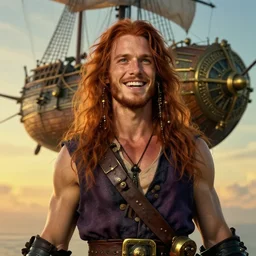 realist portrait painting of a young rugged joyful long long hair soft hair crimson hair male pirate minimalist clothing upper body elegant muscular rugged handsome steampunk wood brass ornate mechanical zeppelin airship in upper background sky sunset golden hour fantasy rugged character art atmospheric lighting art by mullins rutkowski bussiere