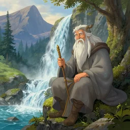 old wise wizard sitting next to waterfall in the mountains, trending on deviantart, lord of the rings, detailed, colorful