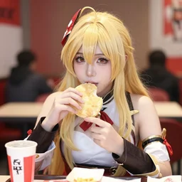 portrait photo still of real life lucina!!!! ( fire emblem ) eating kfc, 8 k, 8 5 mm f 1. 8
