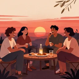 a bill. a bong. a group of friends. enjoying themselves and laughing it up. sun set. red accents. illustration. inspired by routine.