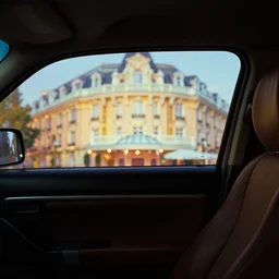 fuji 5 0 r, 3 5 mm ; blade runner car interior with front seat side window view with a background projection of beautiful hyperrealistic film still from ronin ( 1 9 9 0 ) negresco hotel vista scene directed by wes anderson, highly detailed, cinematic lighting, 8 k