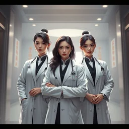 three elegant chinese doctors in white coats, gorgeous atmosphere, full of details, matte painting, concept art, smooth, by ina wong and wlop ， trending on cgsociety and artstation ， 8 khdr ， light effect ，