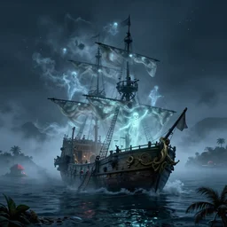 an ephemeral ghost ship full of glowing ghost and skereton pirates engulfed in a thick fog, approaching an inhabited island in the Caribbean at night, an award-winning high-quality digital art, hyperrealistic