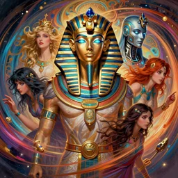 a whirlwind of souls rushing inside the metaverse, half body, glowin eyes, tiara with sapphire, pharaoh, android, cyborg, cyberpunk face, by loish, d & d, fantasy, intricate, elegant, highly detailed, colorful, vivid color, digital painting, artstation, concept art, art by artgerm and greg rutkowski and alphonse mucha and ruan jia