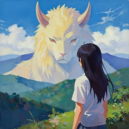 painting of giant kanna kamui watching behind the mountains, pixiv, aclylic art