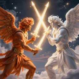lucifer fighting gabriel in a big showdown in heaven, lighting swords, raytracing, close up shot, 4 k