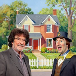 A fusion painting of Bob Ross and Thomas Kinkade with the most beautiful house you've ever seen