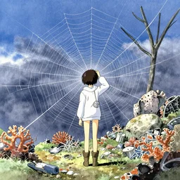 incredible anime movie scene, mamoru oshii, otomo, ultra wide, vanishing point, hoody woman explorer, watercolor, empty, spiderwebs, trash, coral reef, daffodils, billboards, harsh bloom lighting, rim light, abandoned city, paper texture, deserted shinjuku junk town, wires, telephone pole, pollen, yellow, red