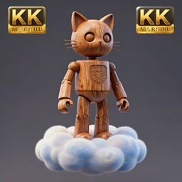 3 d octane render, ultra photorealistic, 8 k hyper, a beautiful wooden statue of a figurine of a robot wood with cat ears on a magic cloud, artstation, alphonse mucha