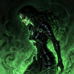 side profile, imogen poots, crazed, black armor, luminescent, evil inky swirly ripples, sickly green colors, by greg manchess, huang guangjian, gil elvgren, sachin teng, greg rutkowski, jesper ejsing, ilya kuvshinov