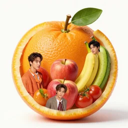 fruits that have celebrities inside them, orange, apple, banana, cucumber, tomatoes