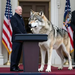 photo of the usa presidential inauguration, a wolf fursuiter being inaugurated as president