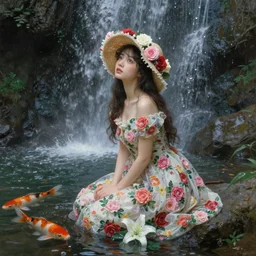 oil painting, romanticism, girl in flower hat, waterfall cave, fresh flower dress, roses, lilies, water drops, overhead light, japanese carp, 4 k, 8 k