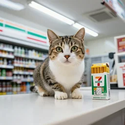 cat on the counter in 7 - eleven next to a carton of cigarettes wide angle lens